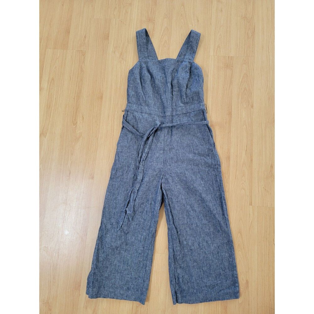 Banana Republic Petite Linen Cotton Belted Wide Leg Jumpsuit Blue Petite 2P